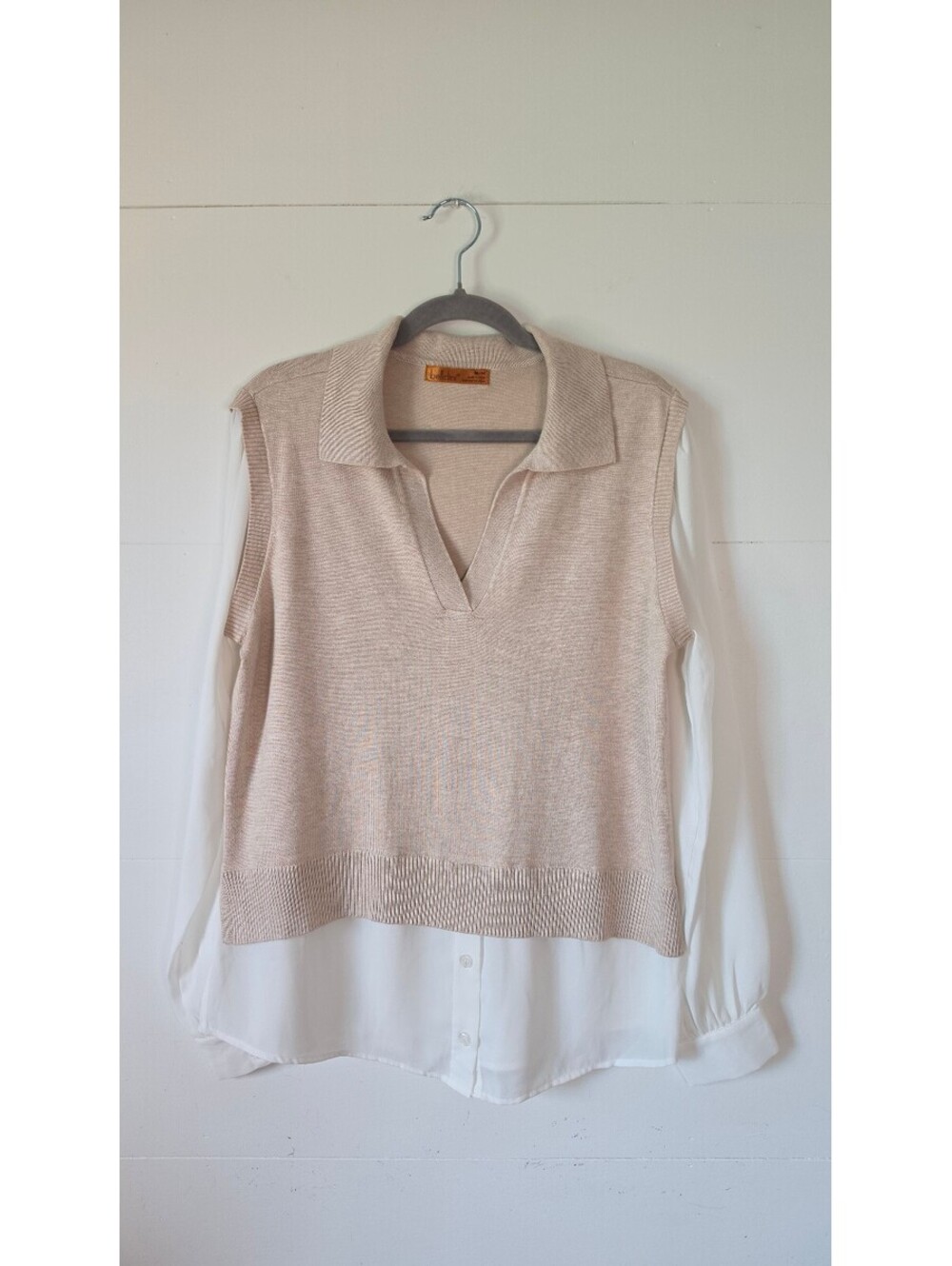 Belldini 2-in-1 Sweater Vest Blouse, Collared Split V Neck Knit Top, Med, #123